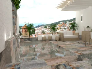 Mini piscinas con porcelánico efecto mármol-piedra azul
