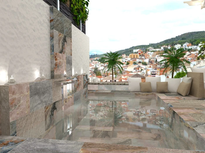 Mini piscinas con porcelánico efecto mármol-piedra azul