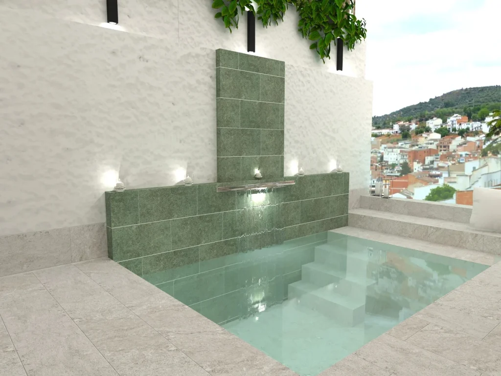 Mini piscinas con porcelánico efecto piedras de Bali Verdes