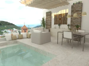 Mini piscinas con porcelánico efecto piedras de Bali Verdes