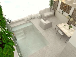 Mini piscinas con porcelánico efecto piedras de Bali Verdes