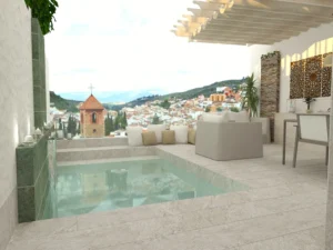 Mini piscinas con porcelánico efecto piedras de Bali Verdes