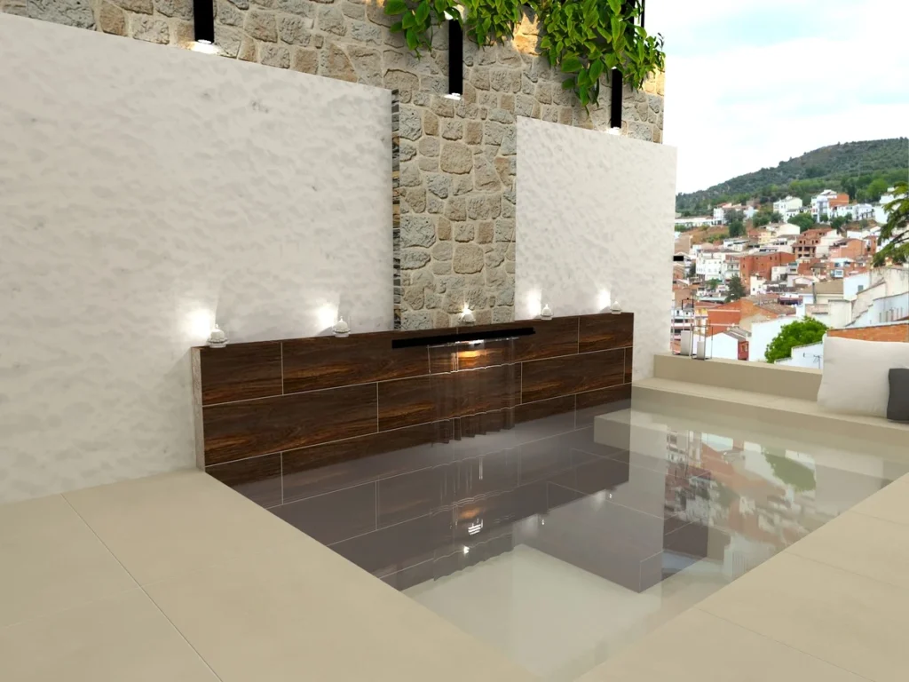 Mini piscinas con porcelánico efecto madera y cemento