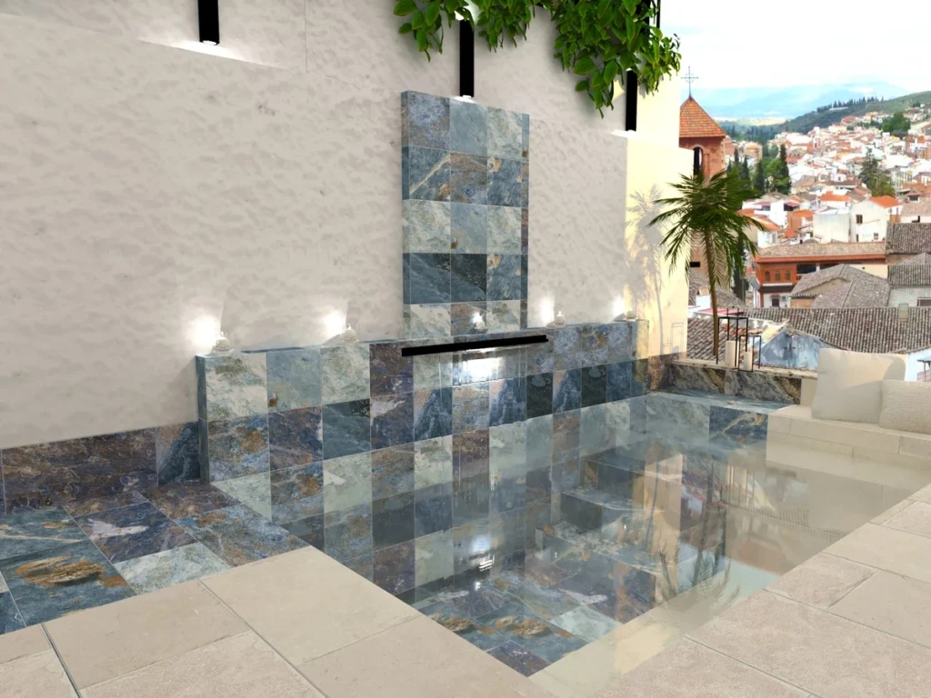 Mini piscinas con porcelánico efecto piedras de Bali Azules