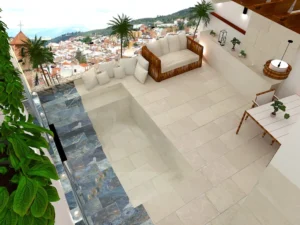 Mini piscinas con porcelánico efecto piedras de Bali Azules