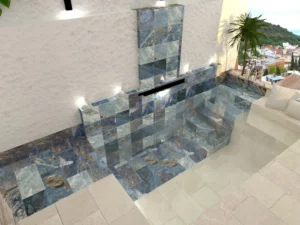 Mini piscinas con porcelánico efecto piedras de Bali Azules