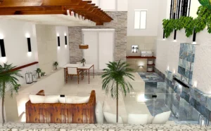 Mini piscinas con porcelánico efecto piedras de Bali Azules