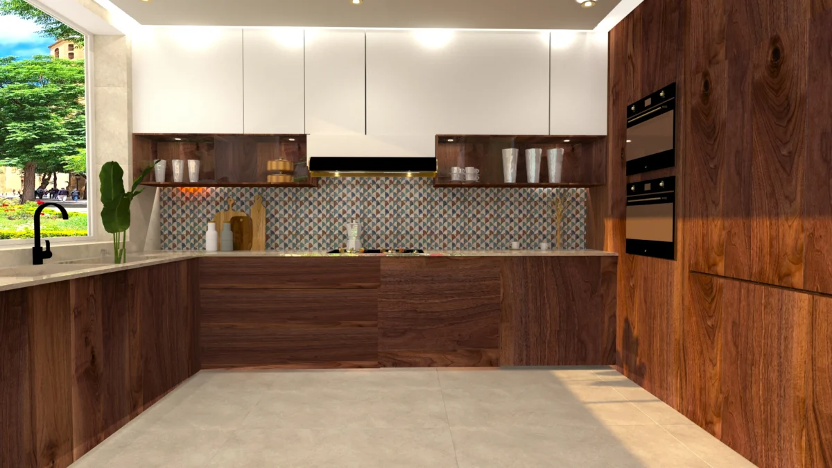 Cerámica con diseño de escamas para una cocina de nogal original y mediterránea